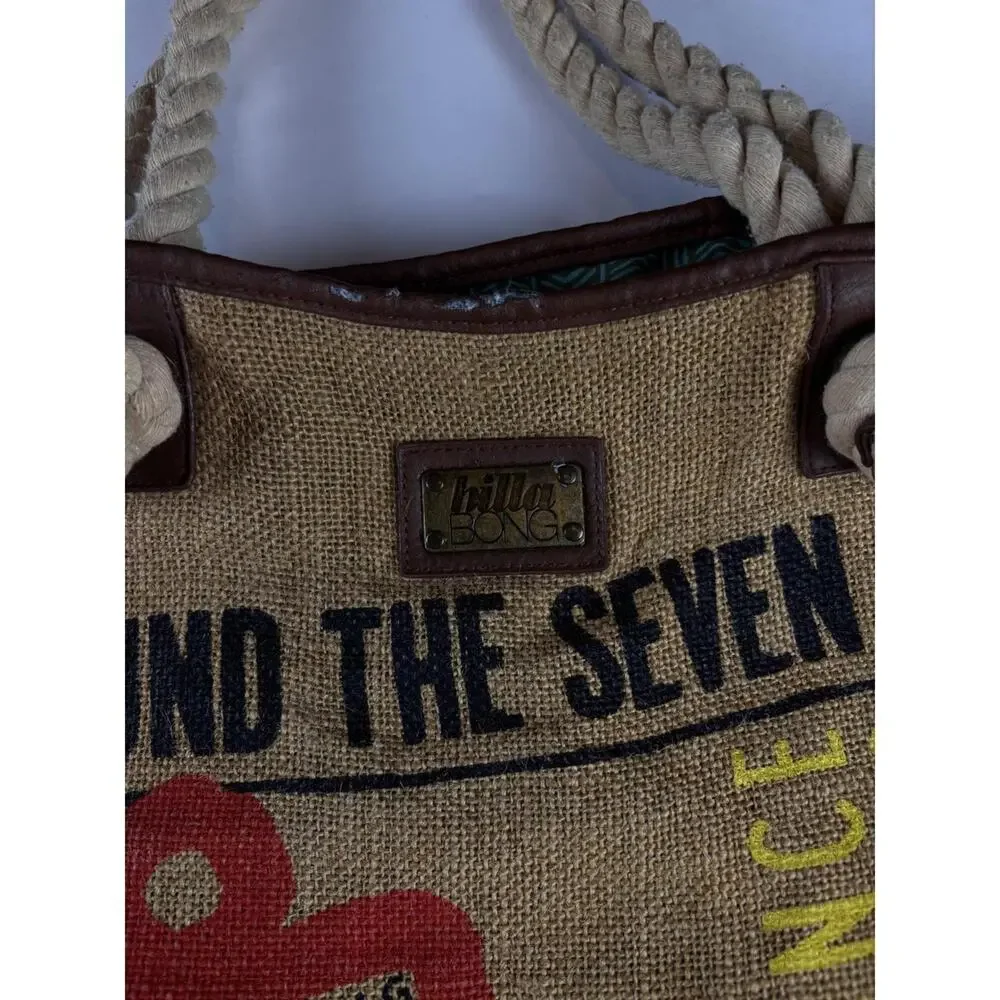 Billabong Nautical Anchor Tote Bag Rope Handle Leather Trim Beach Coastal Summer - Picture 3 of 8